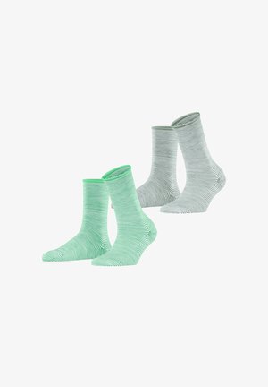 Striped socks in green and gray tones. Made of soft, stretchy fabric with a cuffed design. Features horizontal stripes throughout.