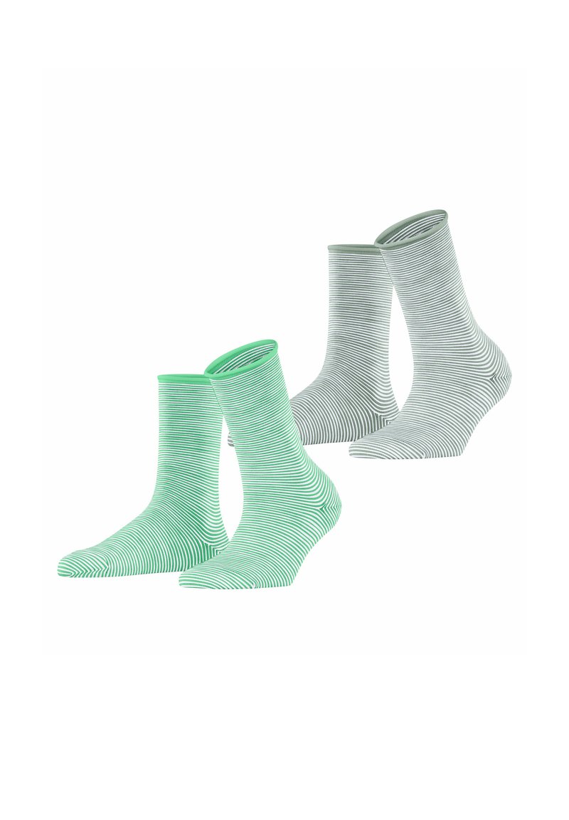 Gestreifte Socken in grünen und grauen Tönen. Hergestellt aus weichem, dehnbarem Stoff mit einem umgeschlagenen Design. Verfügt über horizontale Streifen.