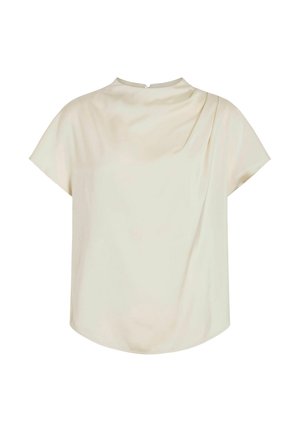 Romantische crème blouse met korte mouwen in een zachte stof. Heeft een hoge halslijn met gedrapeerde details op één schouder en een sluiting op de rug.