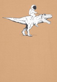 Grafiek op een beige achtergrond met een zwart-wit illustratie van een astronaut die op een Tyrannosaurus rex rijdt.