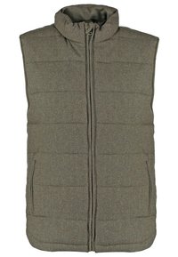 Gestepptes ärmelloses Weste in Olivgrün, ausgestattet mit einem hohen Kragen, Reißverschluss und zwei seitlichen Taschen mit vertikalen Nähten für zusätzlichen Textur.