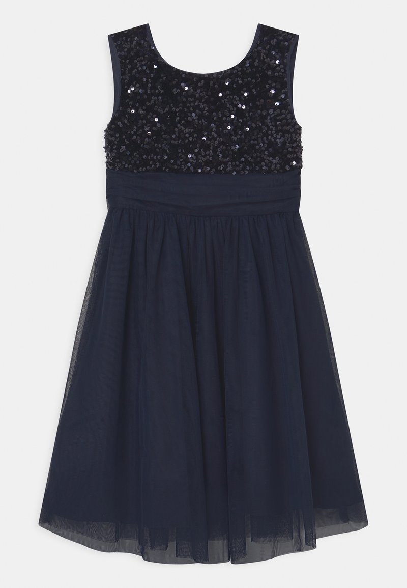 Robe bleu marine sans manches avec des ornements en sequins sur le corsage et une jupe en tulle froncée, conçue pour les occasions formelles.