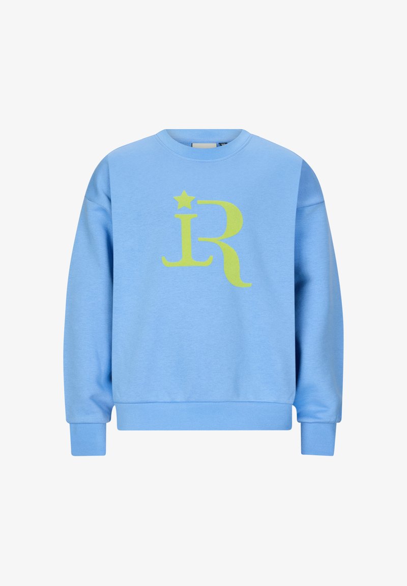 Maglione blu chiaro realizzato in tessuto morbido; presenta una grande grafica gialla con le lettere "jR" e un accento a forma di stella sul davanti.