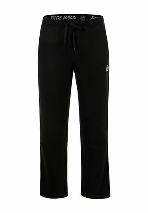 Zwarte sweatpants met rechte pijpen, taille met trekkoord en een klein rond logo op de bovenkant van de linker dij.