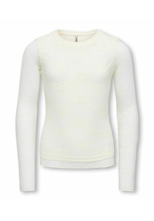 Hvid langærmet bluse med subtil blomstret blonde tekstur, rund halsudskæring og tætsiddende silhuet.