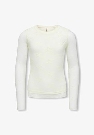 Biały top z długim rękawem o delikatnej kwiatowej koronkowej fakturze, okrągłym dekolcie i dopasowanym kroju.