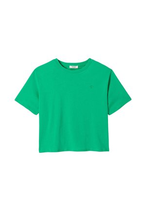 T-shirt court vert à manches courtes avec encolure ronde et petit logo brodé sur la poitrine gauche.