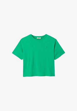 T-shirt court vert à manches courtes avec encolure ronde et petit logo brodé sur la poitrine gauche.