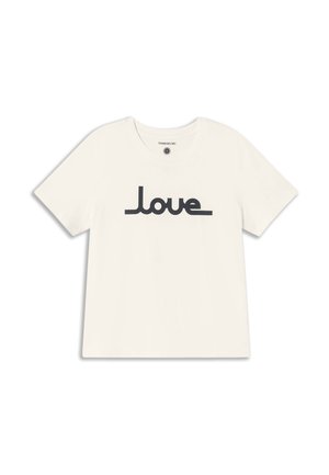 Weißes Baumwoll-T-Shirt mit kurzen Ärmeln, versehen mit einem schwarzen "love"-Druck in einer runden, kursiven Schrift, die auf der Vorderseite zentriert ist.