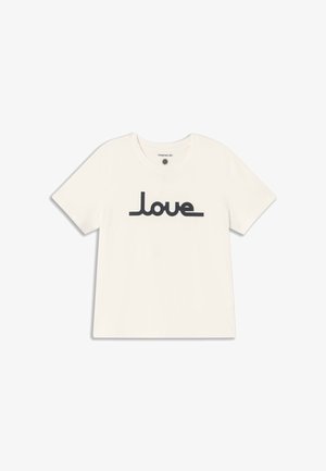 T-shirt en coton blanc à manches courtes, affichant un imprimé noir "love" en police cursive arrondie, centré sur le devant.