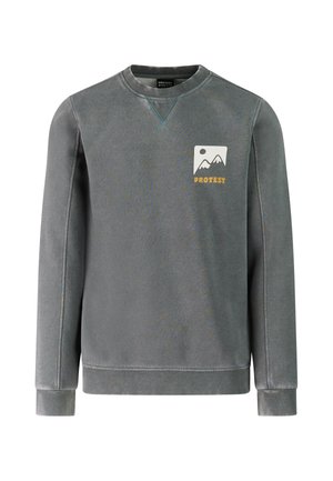 Grijze sweater met lange mouwen en ronde hals met bergafbeelding en tekst "PROTEST" op de bovenste linkerborst.