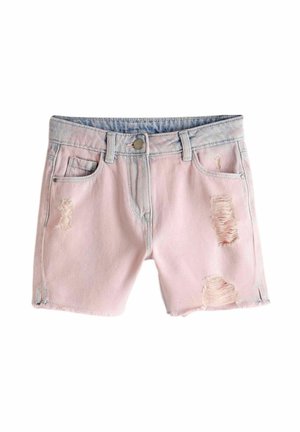 Ljusrosa denimshorts med slitna detaljer, fem fickor och knäppning. Har ett blekt blått midjeband.
