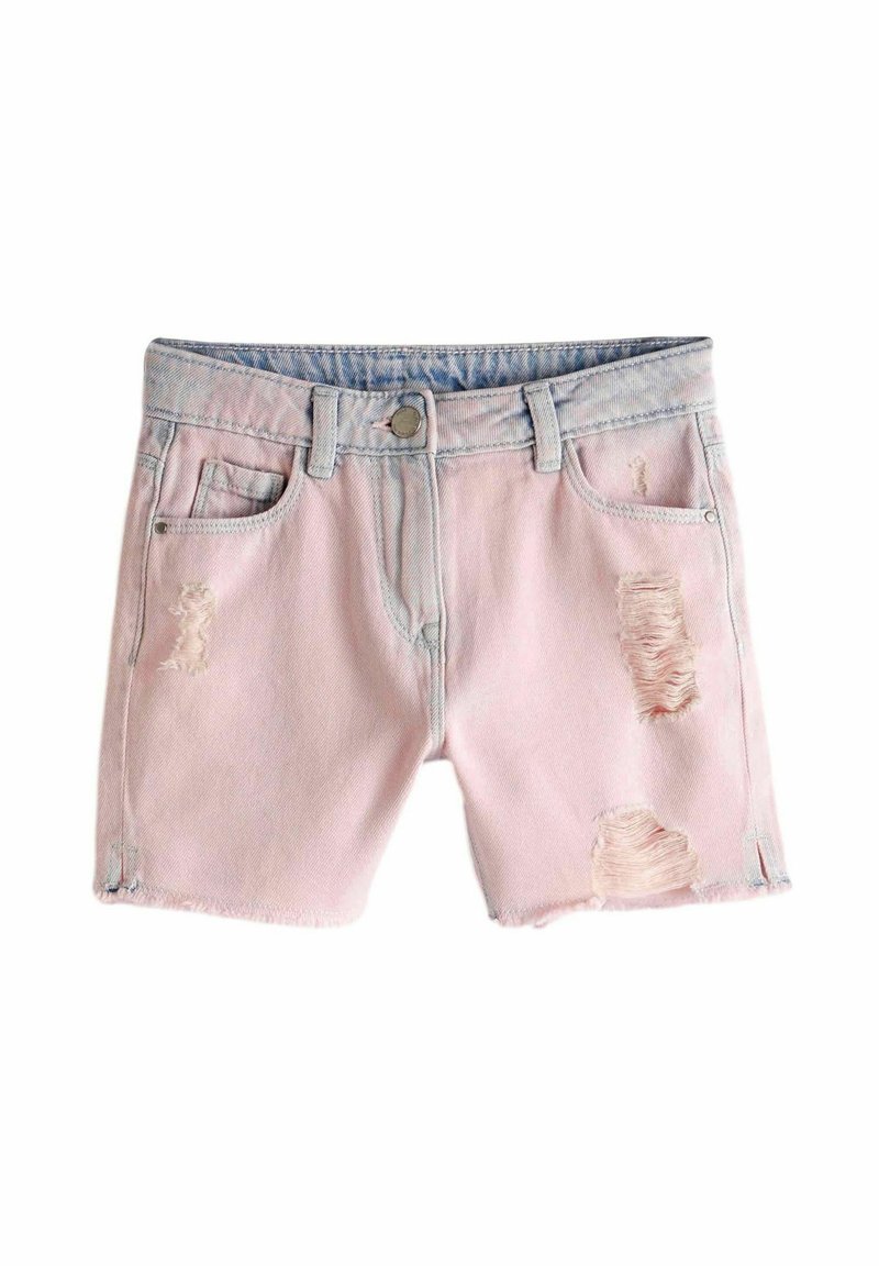Shorts in denim rosa chiaro con dettagli strappati, cinque tasche e chiusura con bottone. Presentano un elastico in vita blu sbiadito.