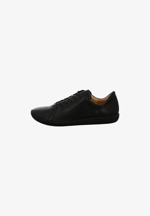 Black leather sneaker with a smooth texture. Features rounded toe, six lace holes, and a low-profile sole for a sleek design.