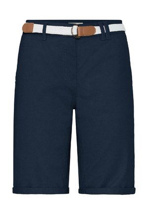 Nafte plave kratke hlače do koljena s preklopljenim rubovima i bijelim tkanim remenom sa smeđim kožnim detaljima i srebrnom kopčom.