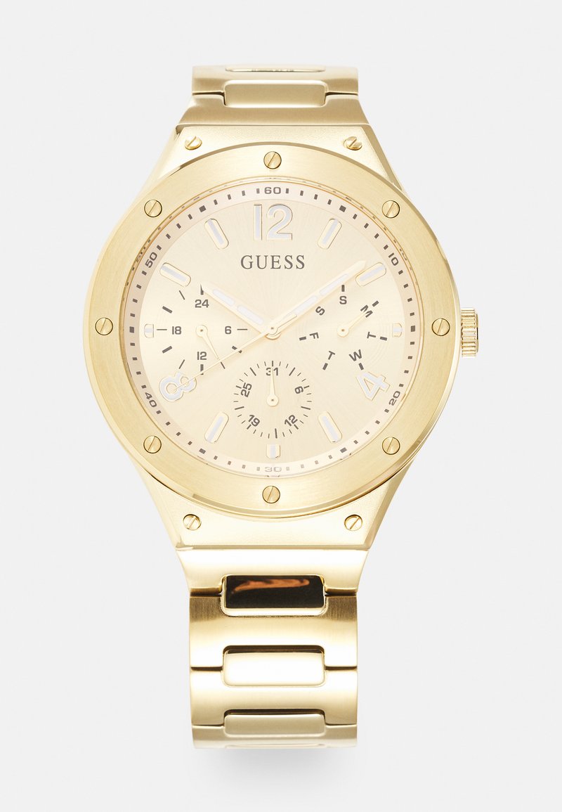 Goldfarbene Uhr mit rundem Gehäuse, beigem Zifferblatt, ausgeprägten Stundenmarkierungen und einem miteinander verbundenen Metallarmband. Verfügt über einen Nebenzifferblatt und ein Datumsdisplay.