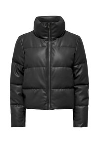 Veste matelassée noire en faux cuir lisse, dotée d'un col montant, d'une fermeture éclair avant et d'un design matelassé horizontal. Les poignets des manches sont ajustés.