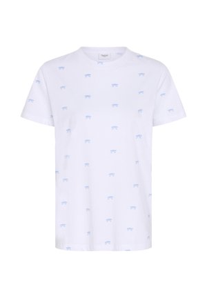 White short-sleeve T-shirt with small, evenly spaced light blue bow patterns and a crew neckline.