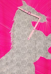 Il grafico presenta uno sfondo rosa con motivi a spirale neri e bianchi che formano una silhouette. Un righello rosa si estende attraverso il design.