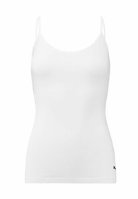 White tank top with thin spaghetti straps, made of smooth fabric. Features a fitted design and a small black logo at the hem.