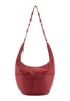 Bolso de hombro de piel roja con correa ajustable, bolsillo delantero y cierre de cremallera en la parte superior, diseñado para uso diario.