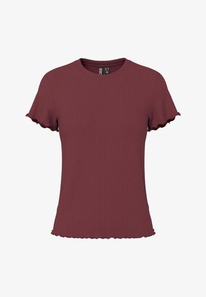 Ribbet, kortærmet top i mørk burgunder med rund halsudskæring og bølgede kanter. Lavet af blødt stof og har en tætsiddende design.