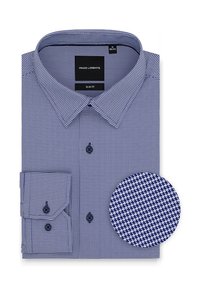 Granatowa koszula slim fit w małą kratkę, z kołnierzykiem zapinanym na guziki oraz mankietami na dwa guziki. Posiada okrągły akcent w wzór hounds-tooth.