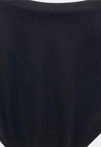 Tecido ribado preto com uma textura suave, apresentando uma silhueta ajustada e uma cintura alta. O material tem um ligeiro brilho.