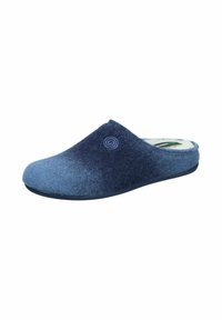 Blue felt slipper with a gradient from light to dark, featuring a swirl logo, reinforced heel, and textured insole for comfort.