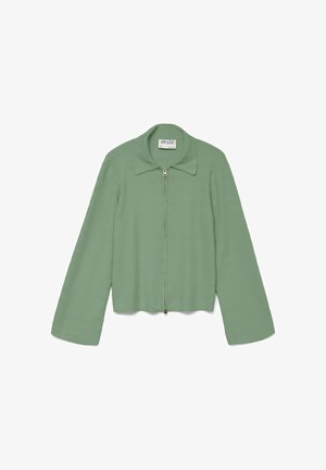 Vihreä lyhyt takki, jossa on pitkät hihat, kapeat kaulukset ja etuvetoketju. Valmistettu pehmeästä kankaasta, jossa on sileä tekstuuri.