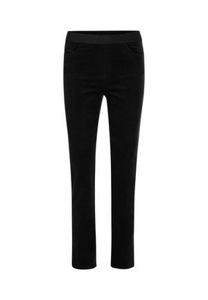 Schwarze Hosen mit glatter Textur, ausgestattet mit einem breiten elastischen Bund, zwei vorderen Taschen und einem geraden Bein.