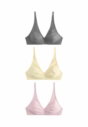 Tre reggiseni senza fili: in alto di colore grigio scuro, al centro giallo chiaro e in basso rosa chiaro. Tutti hanno una finitura in tessuto liscia e una forma triangolare.