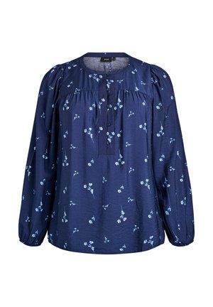 Blusa blu navy con maniche lunghe a sbuffo, colletto rotondo e patta con bottoni; presenta delicati motivi floreali di colore azzurro.