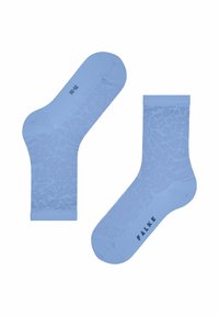 Helle blaue Socken mit strukturiertem Muster, geripptem Bündchen und verstärkter Ferse. Gesticktes Logo "FALKE" an der Seite. Größe 35-38.