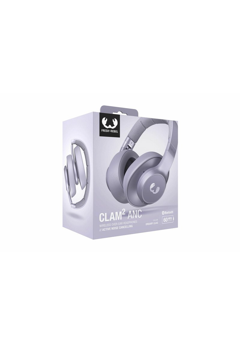 Fioletowe słuchawki nauszne w opakowaniu, z wyściełanym pałąkiem, okrągłymi poduszkami na uszy i logo z boku. Zaznaczono ich trwałość oraz funkcję tłumienia hałasu.