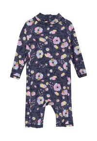 Plagg med blommönster i mörk marinblått, med hög krage, långa ärmar och benöppningar. Tillverkat av stretchmaterial.