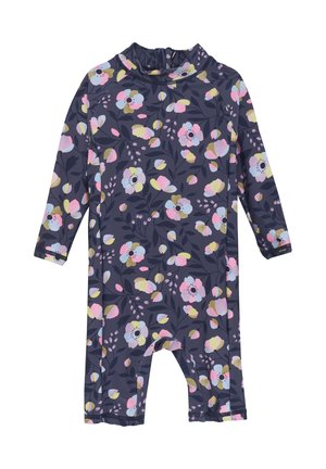 Plagg med blommönster i mörk marinblått, med hög krage, långa ärmar och benöppningar. Tillverkat av stretchmaterial.