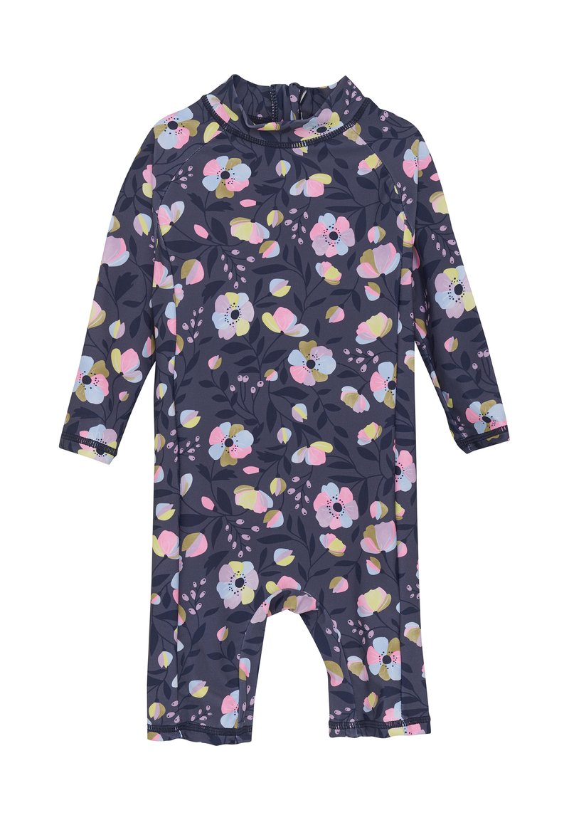 Plagg med blommönster i mörk marinblått, med hög krage, långa ärmar och benöppningar. Tillverkat av stretchmaterial.