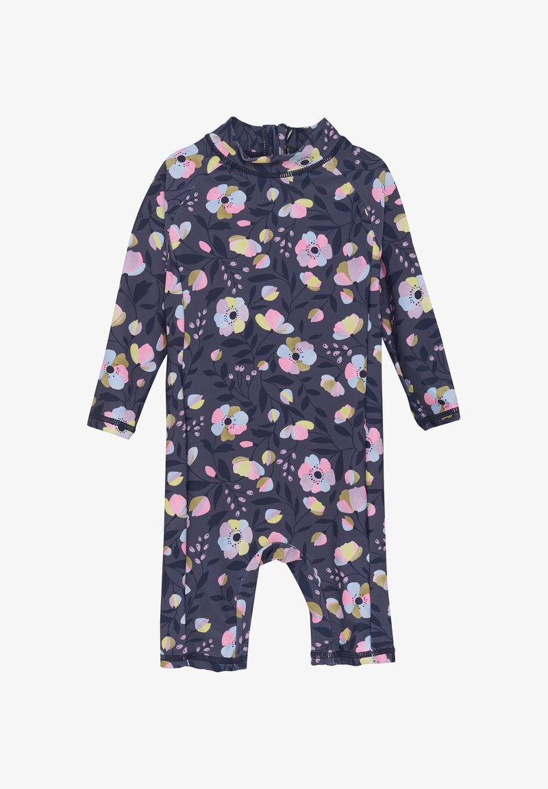 Plagg med blommönster i mörk marinblått, med hög krage, långa ärmar och benöppningar. Tillverkat av stretchmaterial.