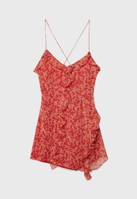Abito floreale rosso con sottili spalline, bordi arricciati e design a strati. Tessuto leggero e semi-trasparente con una texture morbida.