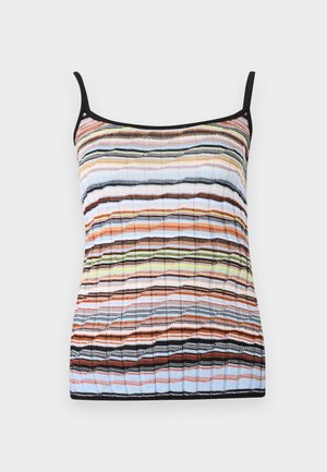 Mehrfarbiges Tanktop mit horizontalen Streifen in Orange, Blau, Grün und Schwarz. Hergestellt aus leichtem Stoff mit dünnen Trägern.