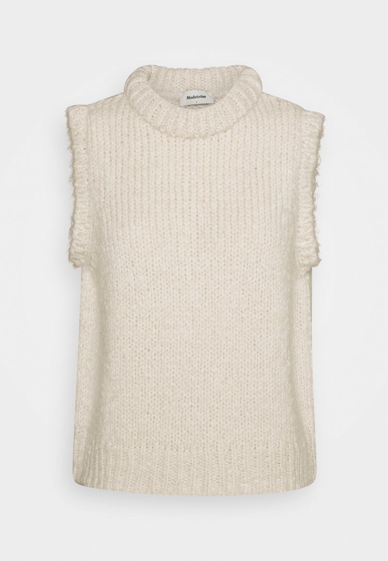 Pull sans manches crème avec un col montant côtelé, un motif en maille texturée et des bords bruts aux emmanchures, confectionné en fil épais et doux.