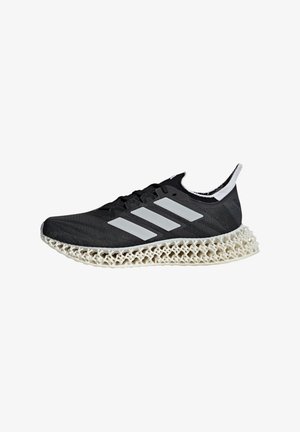 Schwarzer Sportschuh mit strukturiertem Obermaterial, weißen Streifen und einer charakteristischen Sohle im Lattice-Stil in Cremefarbe.