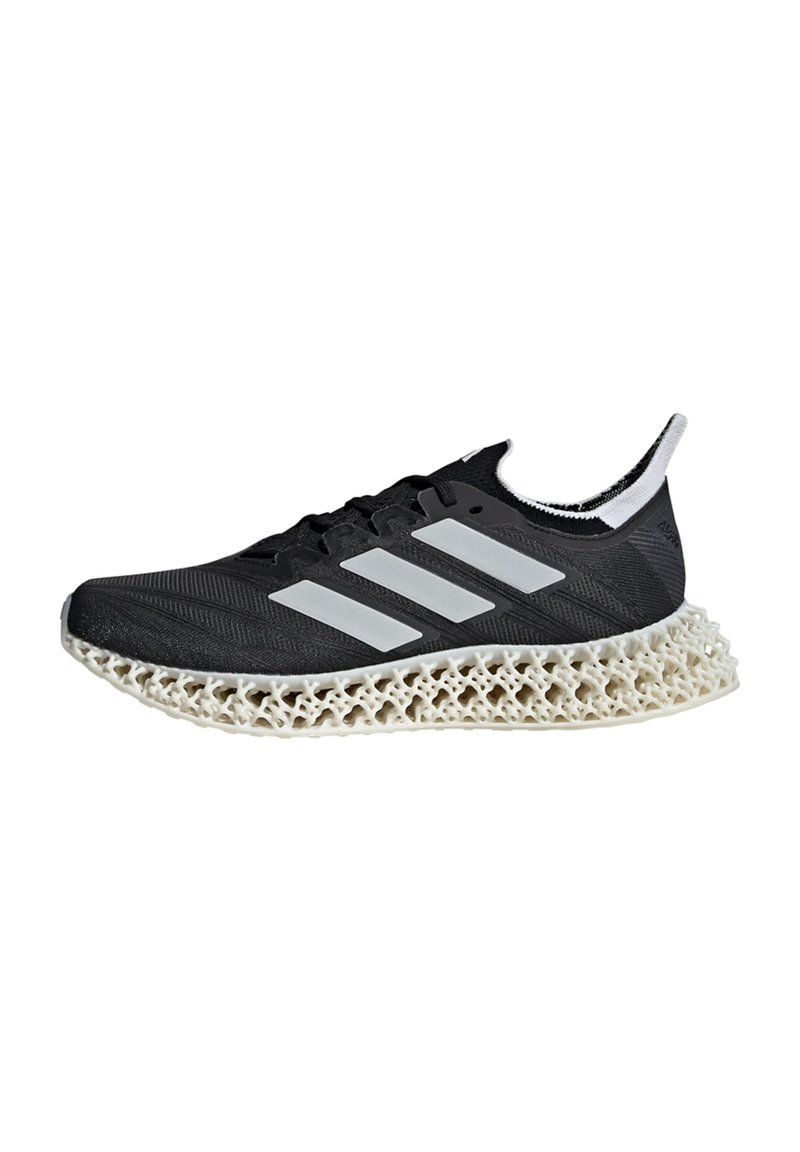 Black athletic shoe with a textured upper, featuring white stripes, and a distinctive lattice-style sole in cream color.
