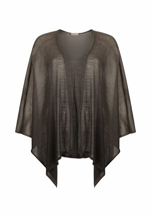 Cardigan ligero y transparente de color gris oscuro con abertura frontal, mangas anchas y dobladillo asimétrico, mostrado sobre fondo blanco.