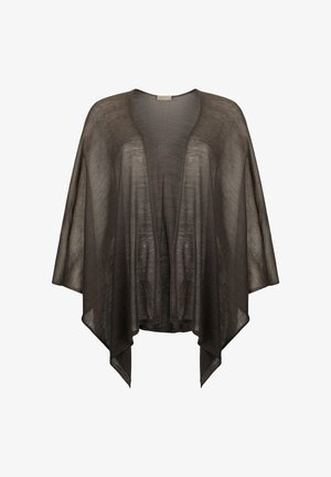 Cardigan ligero y transparente de color gris oscuro con abertura frontal, mangas anchas y dobladillo asimétrico, mostrado sobre fondo blanco.