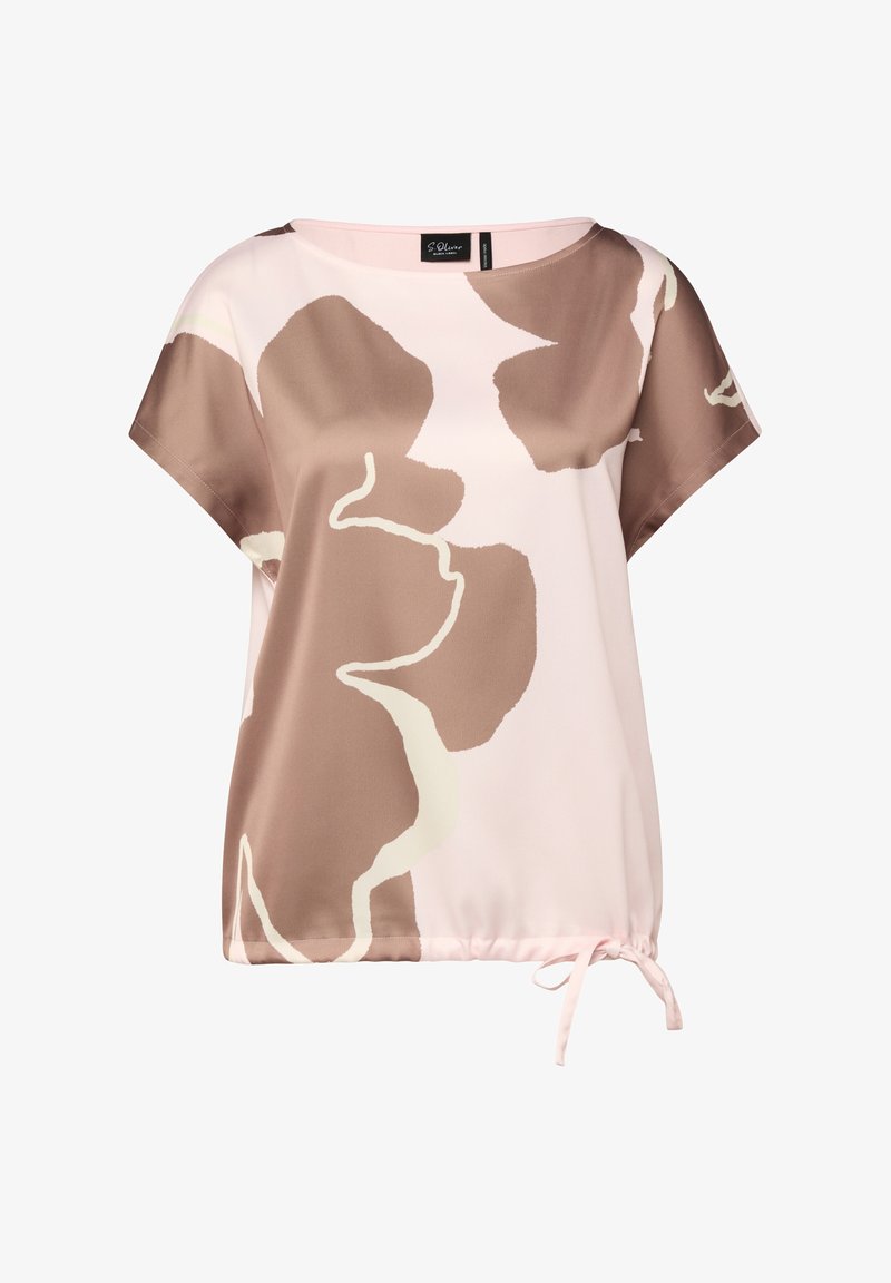 Blouse à manches courtes rose clair avec de grands motifs floraux abstraits marron et crème et un cordon de serrage à l'ourlet.