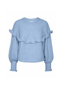 Pull en tricot bleu clair avec une texture côtelée, encolure ronde et un détail volanté sur la poitrine. Présente des manches longues et amples.