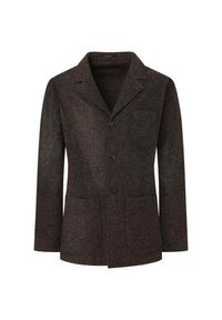 Giacca a motivo spina di pesce in marrone scuro e grigio. Caratterizzata da un colletto a sfondo, bottoni frontali e due tasche anteriori. Tessuto testurizzato.