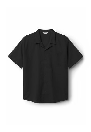 Korte mouw, zwarte knoopsluiting shirt met een gestructureerde stof en een borstzak aan de linkerkant. Heeft een standaard kraag en een rechte zoom.